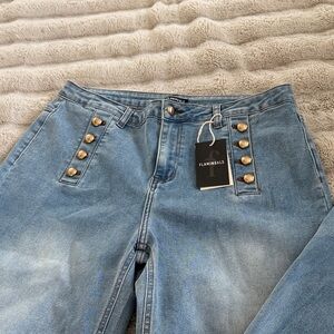 Flamingals Light Blue High-Rise Jeans with Gold Button Detail